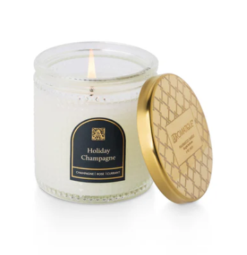 HOLIDAY CHAMPAGNE Aromatique Textured Glass Metal Lid 6 oz Scented Jar Candle