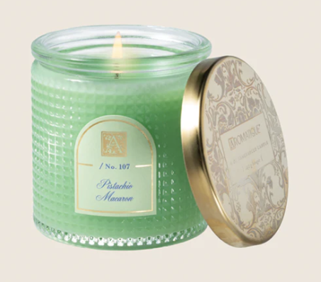 PISTACHIO MACAROON Aromatique Textured Glass Metal Lid 6 oz Scented Jar Candle
