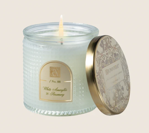 WHITE AMARYLLIS ROSEMARY Aromatique Textured Glass Metal Lid 6 oz Scented Jar Candle