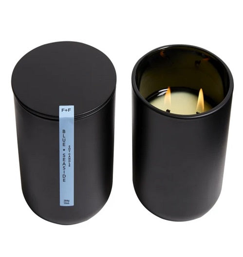 BLUE SEASIDE Field + Fleur 2-Wick Black Ceramic Lidded 10 oz Scented Jar Candle