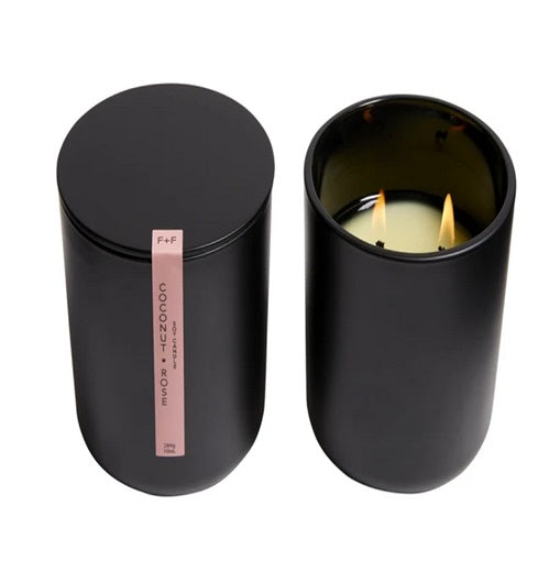 COCONUT ROSE Field + Fleur 2-Wick Black Ceramic Lidded 10 oz Scented Jar Candle