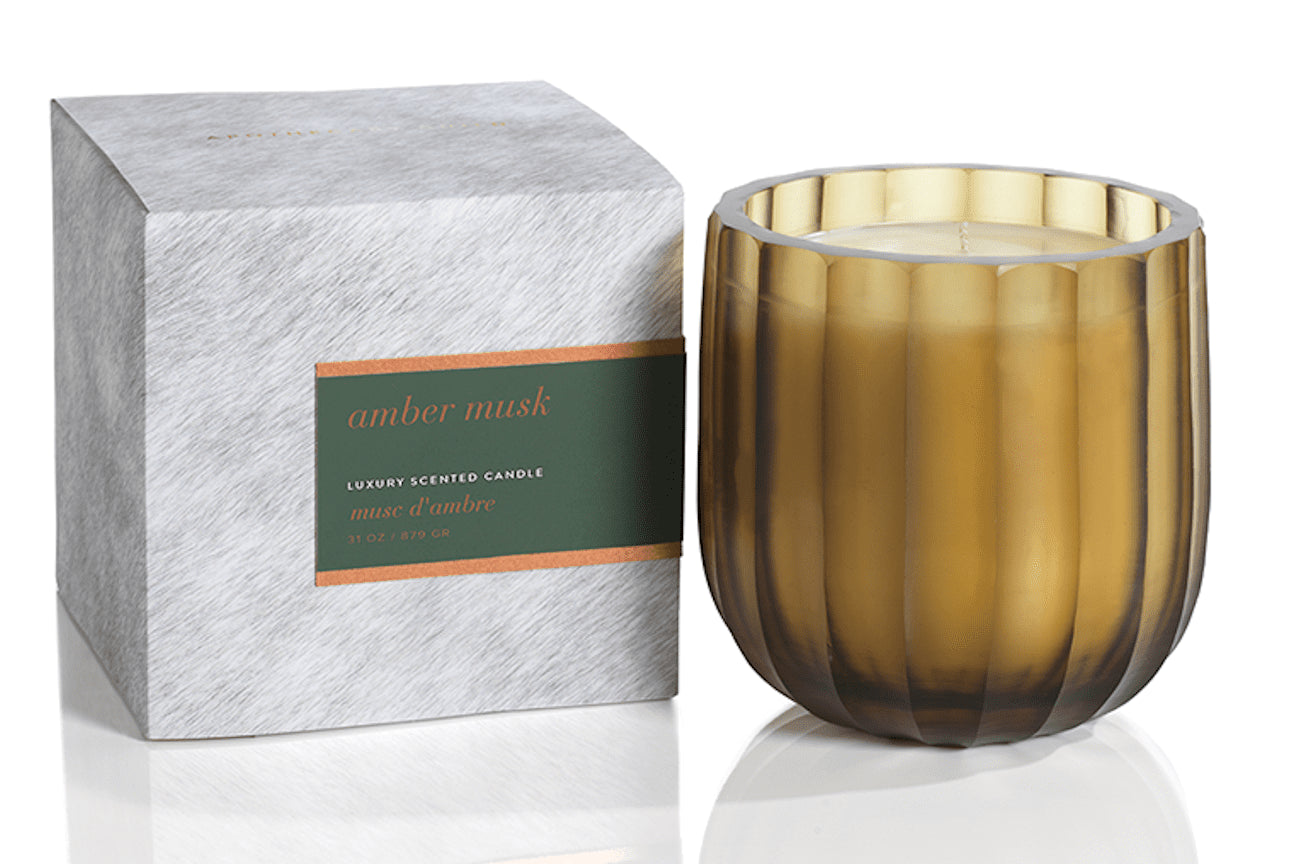 AMBER MUSK Light Amber Glass Suede Zodax 31 oz Scented Jar Candle