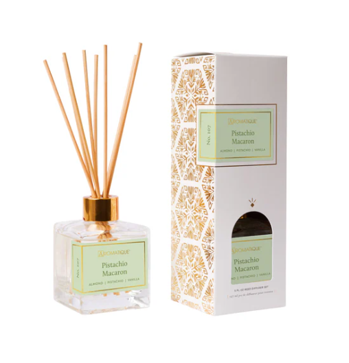 PISTACHIO MACRON Aromatique Reed Diffuser Gift Set Square Glass Vessel