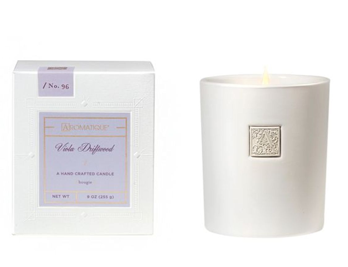 VIOLA DRIFTWOOD Aromatique Large Boxed 9 oz White Ceramic Scented Jar Candle