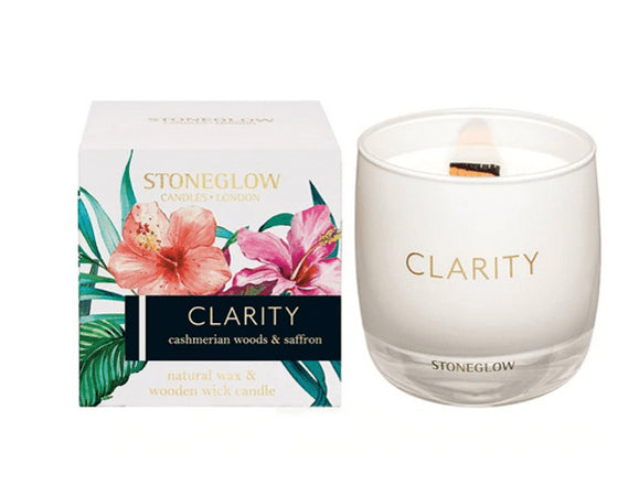 CLARITY Cashmerian Wood and Saffron Stoneglow Infusion Wooden Wick Tumbler Scented Jar Candle