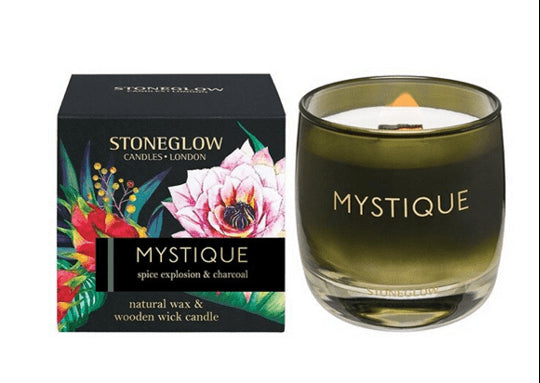 MYSTIQUE Spiced Explosion and Charcoal Stoneglow Infusion Wooden Wick Tumbler Scented Jar Candle