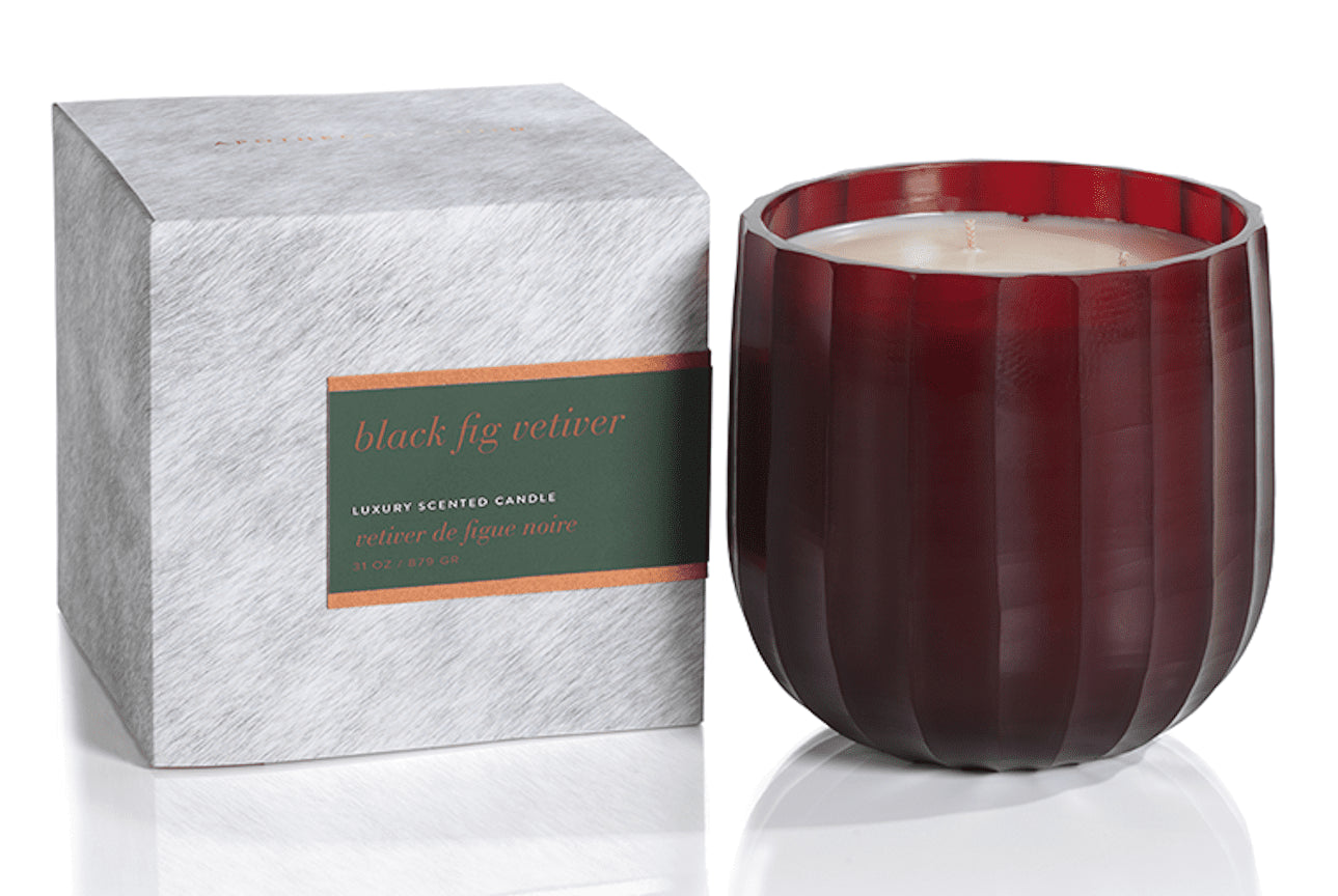 BLACK FIG VETIVER Deep Red Glass Suede Zodax 31 oz Scented Jar Candle