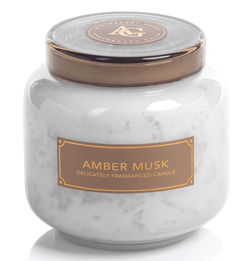 AMBER MUSK White Glass Apothecary Guild Zodax 14 oz Scented Jar Candle